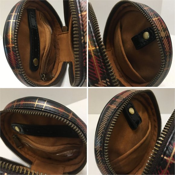 Patricia Nash Diamante Leather Round Zip Jewelry Case Bag Plaid Tartan Red Pouch - Picture 5 of 11
